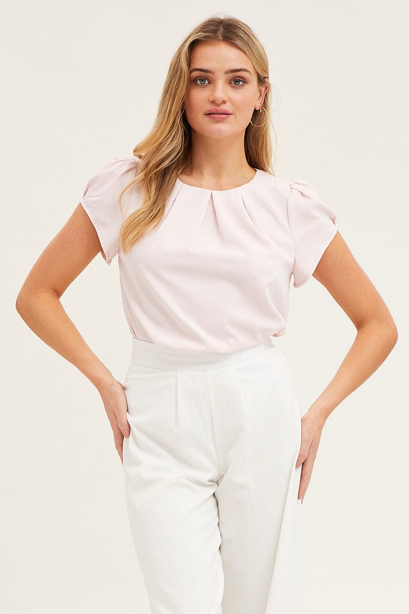 TOP Pink Top Cap Sleeve Pleat Detail Workwear for Women by Ally
