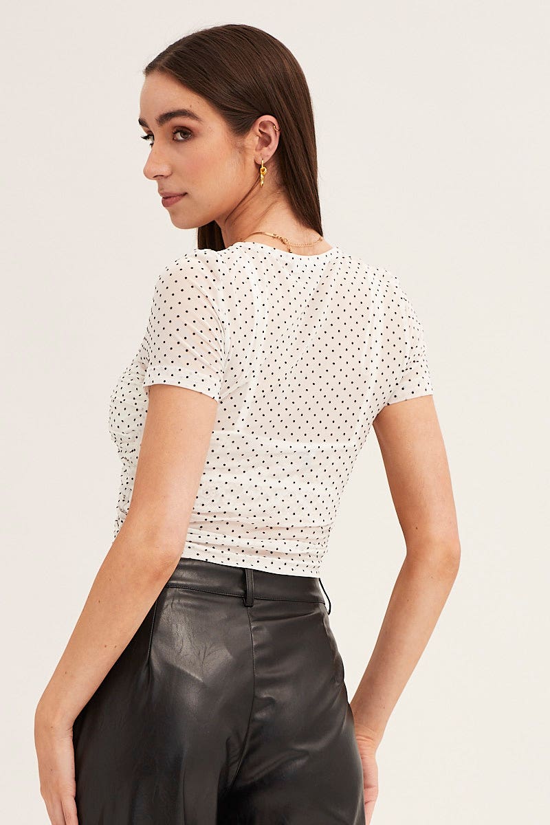 TOP Polka Dot Mesh Short Sleeve V Neck Ruched Top for Women by Ally