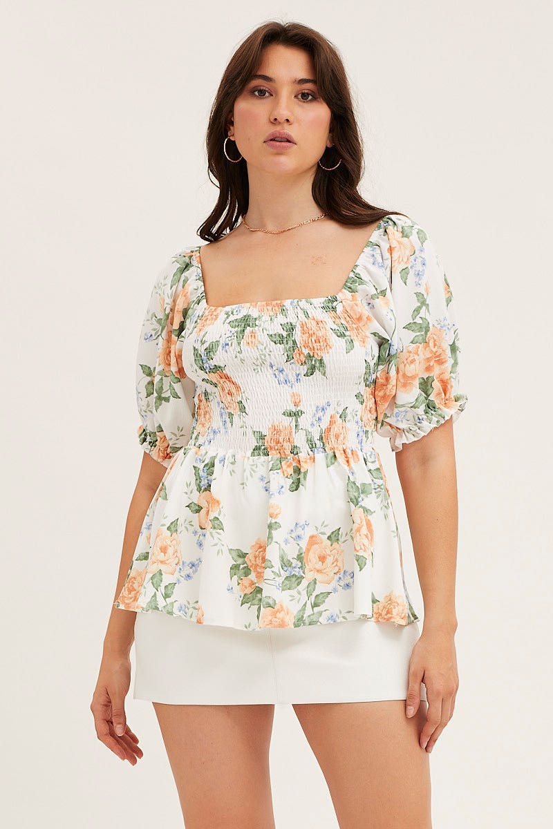 TOP Print Puff Sleeve Shirred Top for Women by Ally