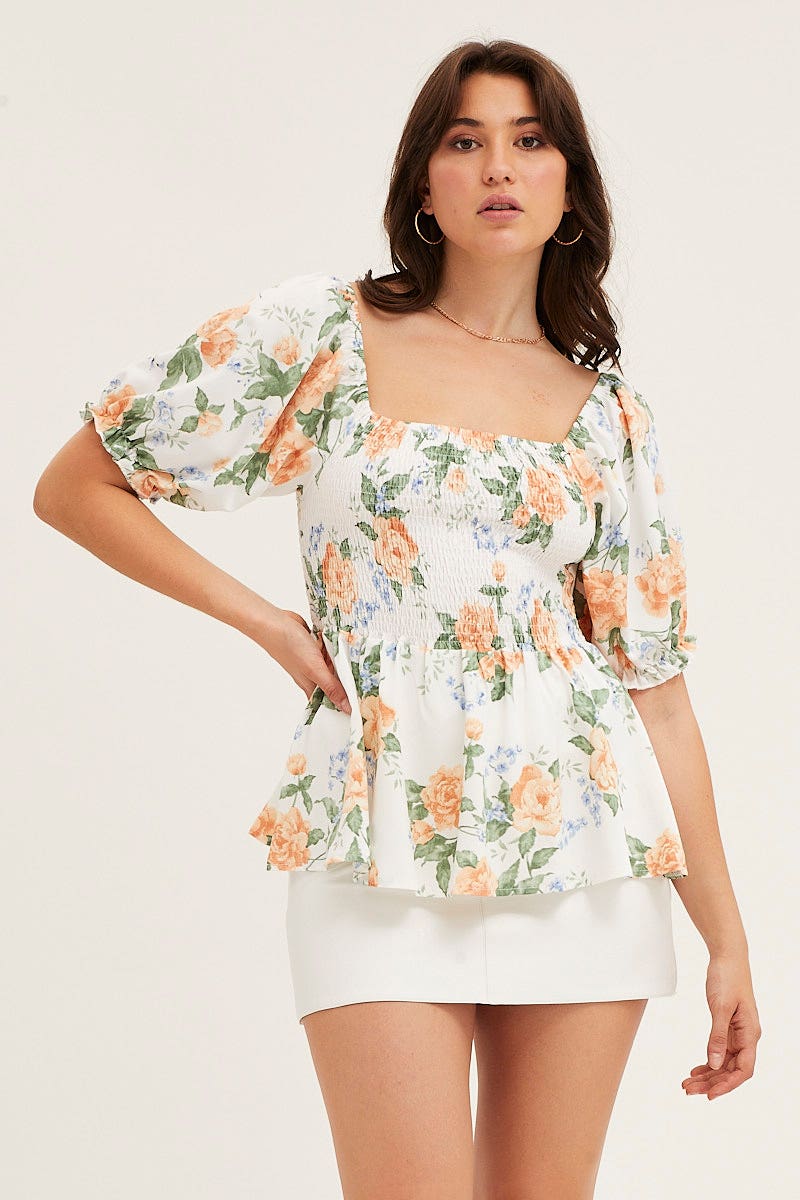 TOP Print Puff Sleeve Shirred Top for Women by Ally