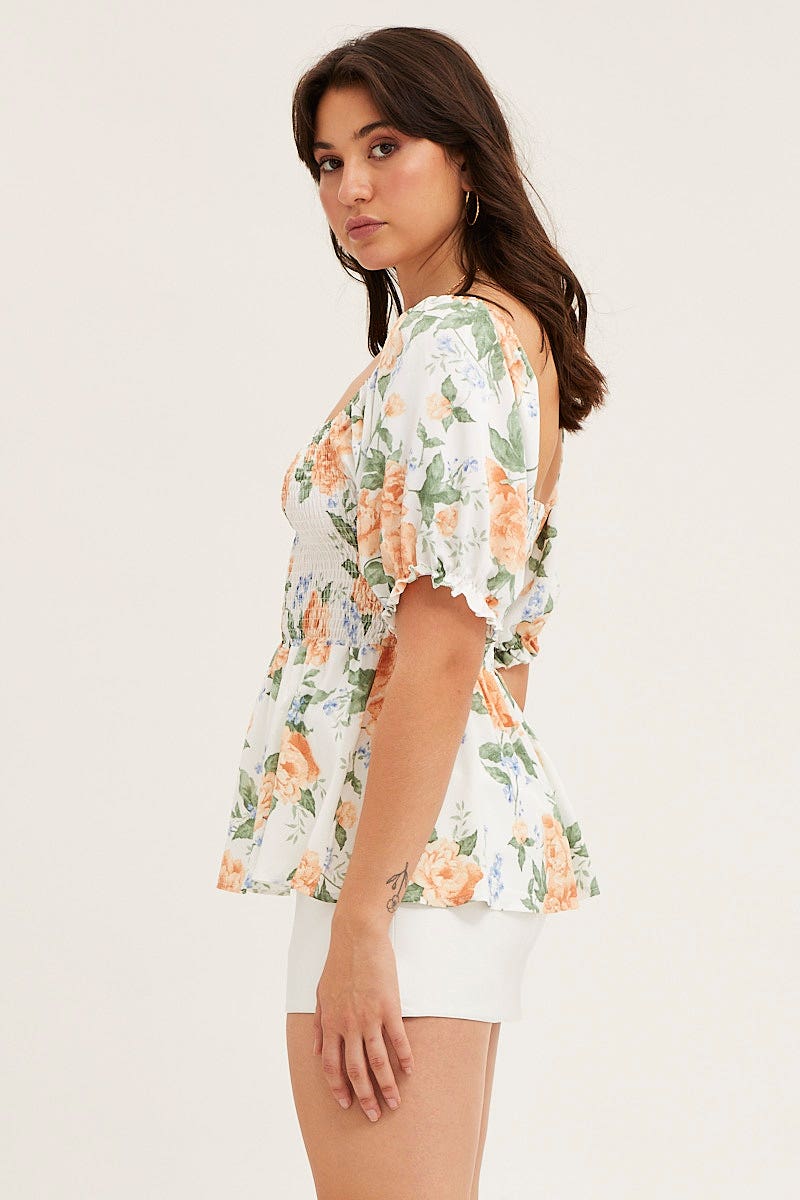 TOP Print Puff Sleeve Shirred Top for Women by Ally