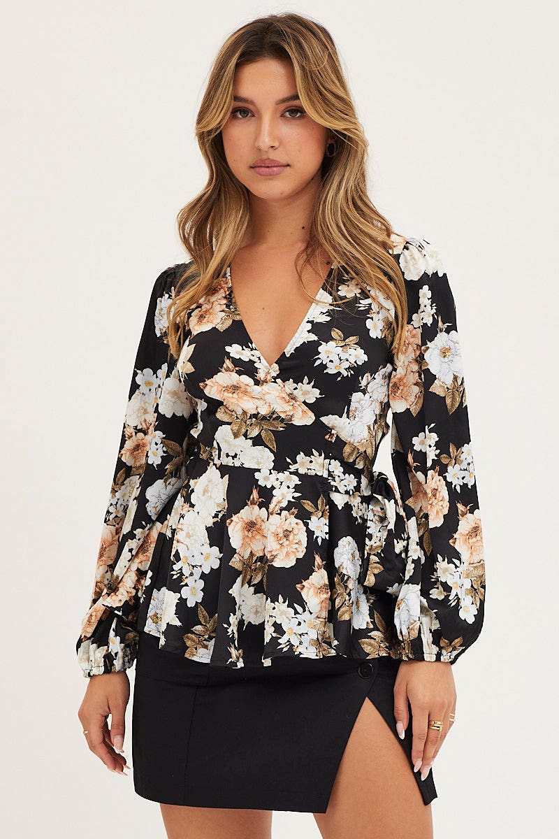 TOP Print Wrap Top Long Sleeve Satin for Women by Ally