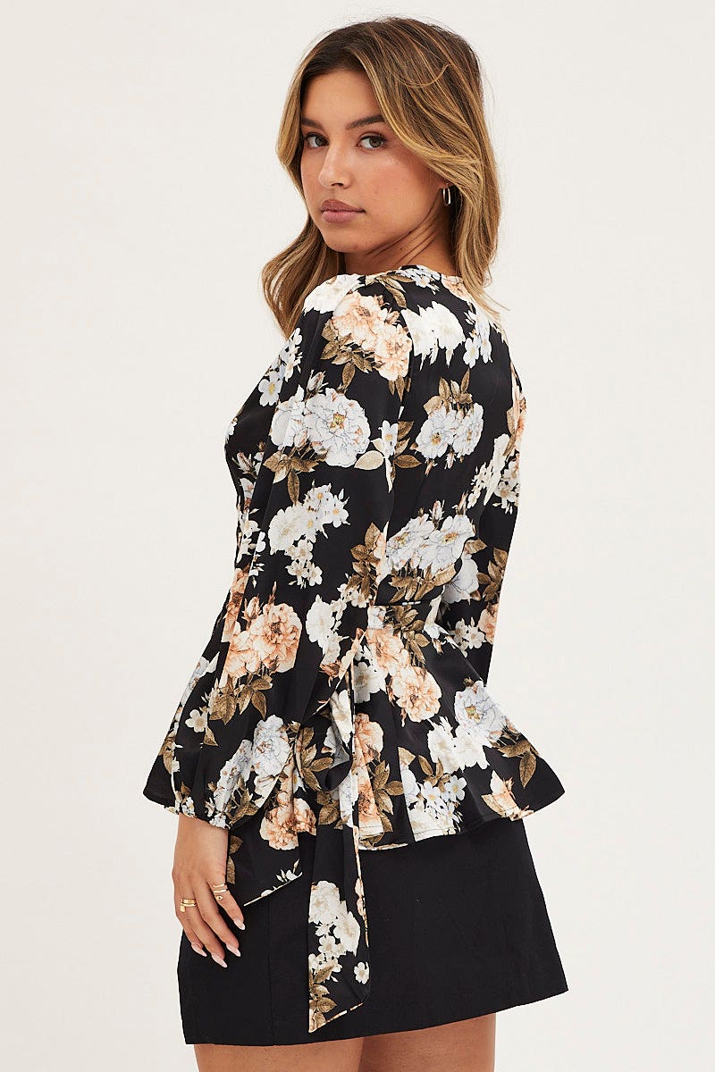 TOP Print Wrap Top Long Sleeve Satin for Women by Ally