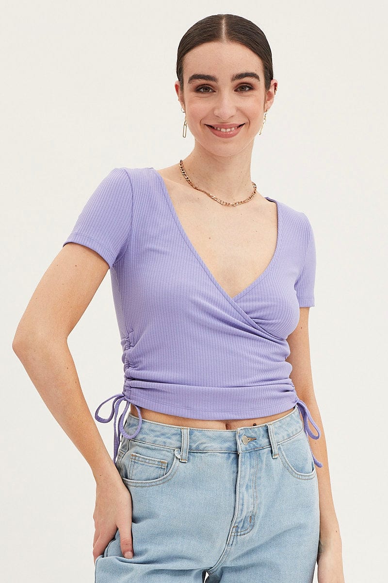 TOP Purple Top Drawstring Wrap Neck for Women by Ally