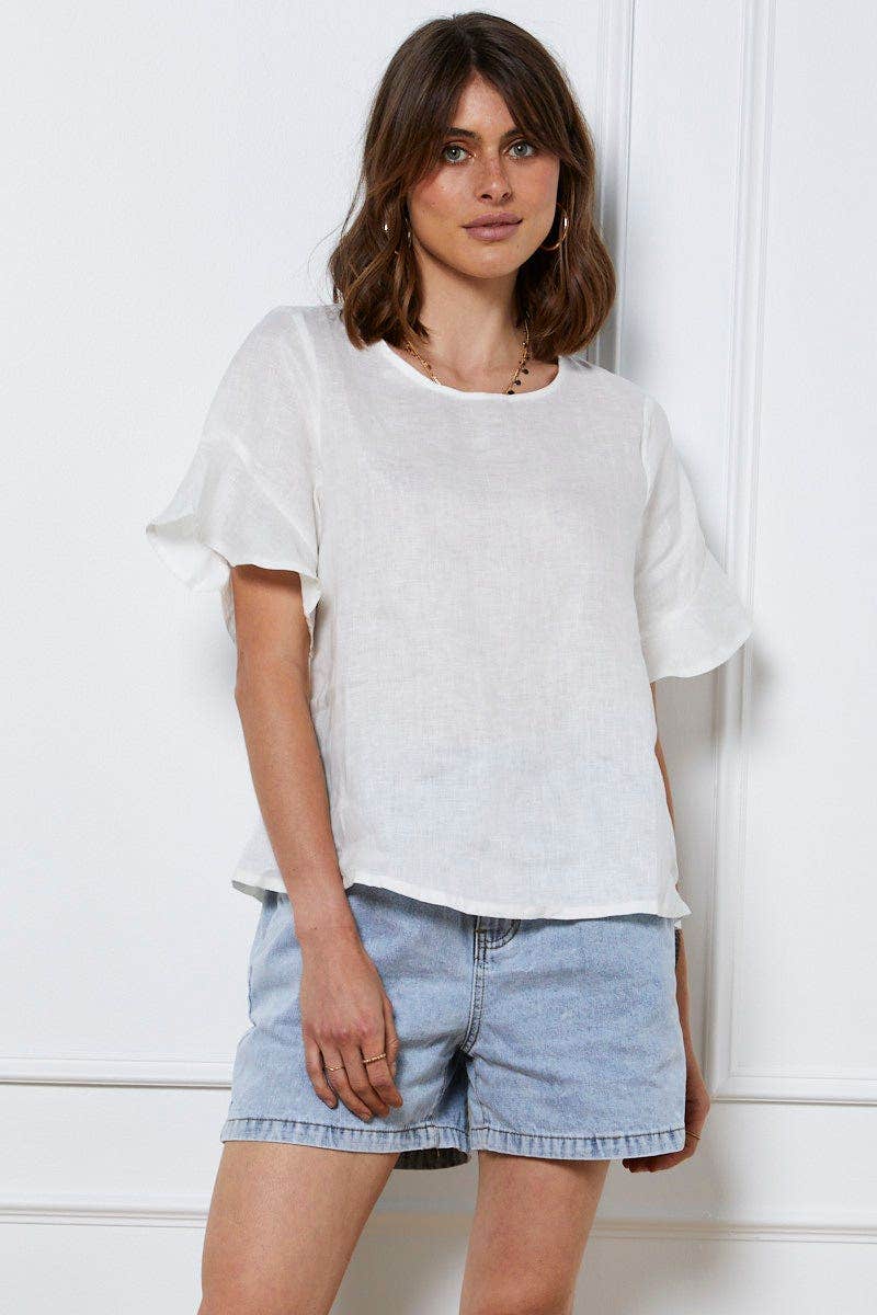 TOP White Crop Top Short Sleeve Relaxed Linen for Women by Ally
