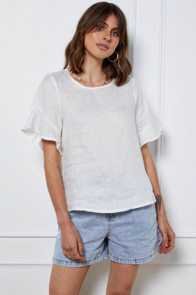 TOP White Crop Top Short Sleeve Relaxed Linen for Women by Ally