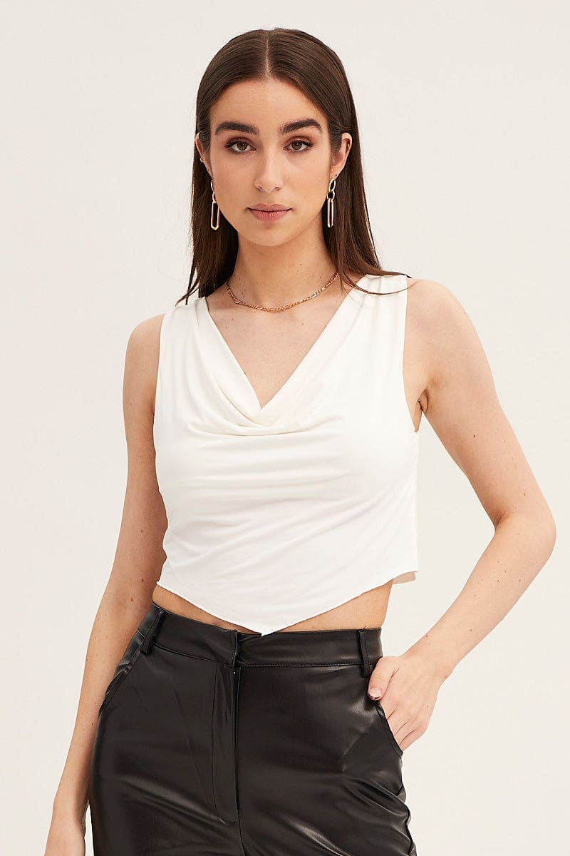TOP White Dip Hem Cowl Neck Top for Women by Ally