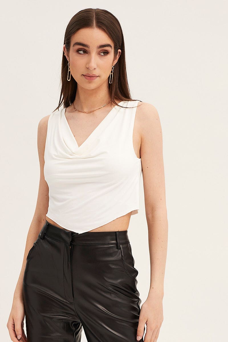 TOP White Dip Hem Cowl Neck Top for Women by Ally