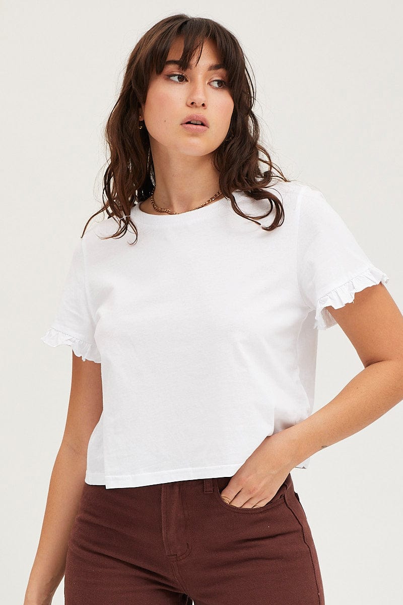 TOP White Frill Detail T Shirt Short Sleeve for Women by Ally