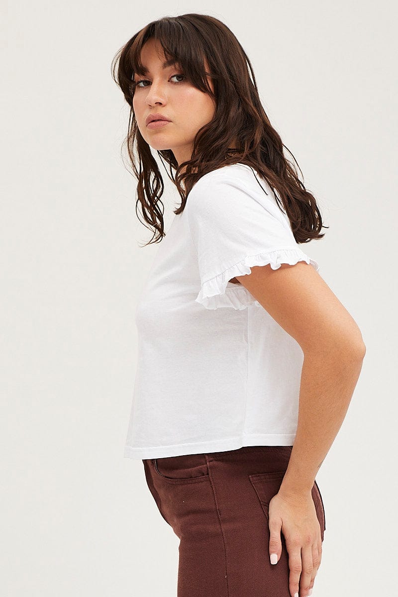 TOP White Frill Detail T Shirt Short Sleeve for Women by Ally