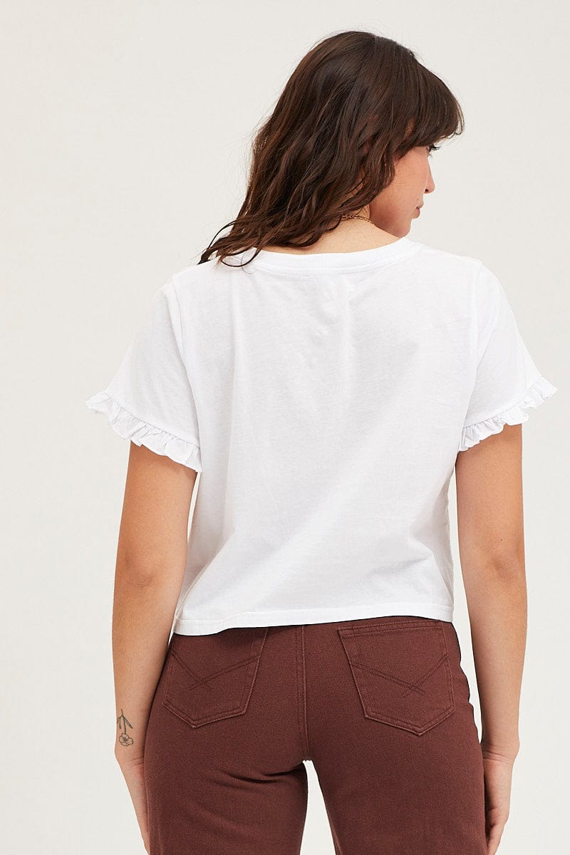 TOP White Frill Detail T Shirt Short Sleeve for Women by Ally