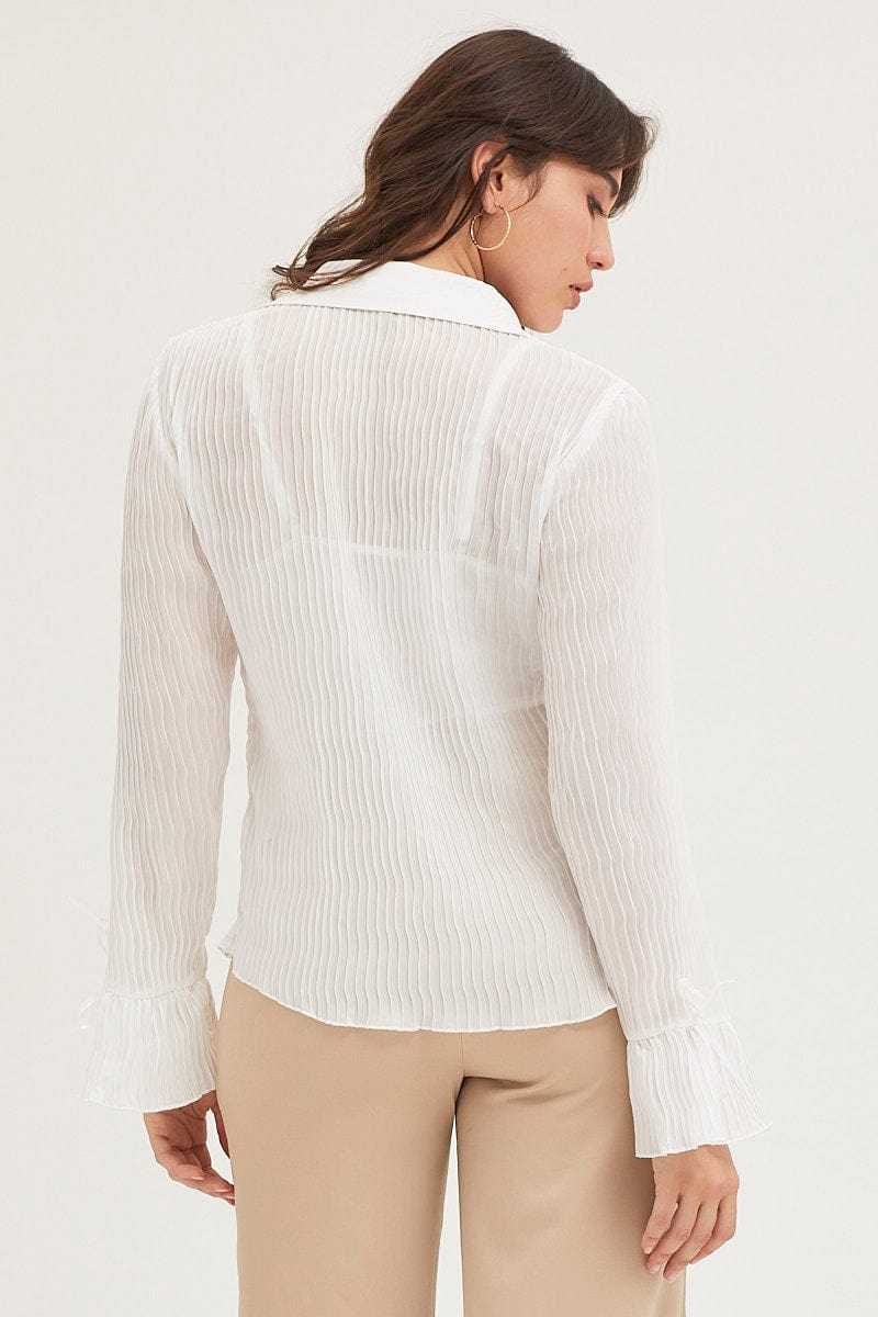 TOP White Pleated Shirt Long Flare Sleeve for Women by Ally