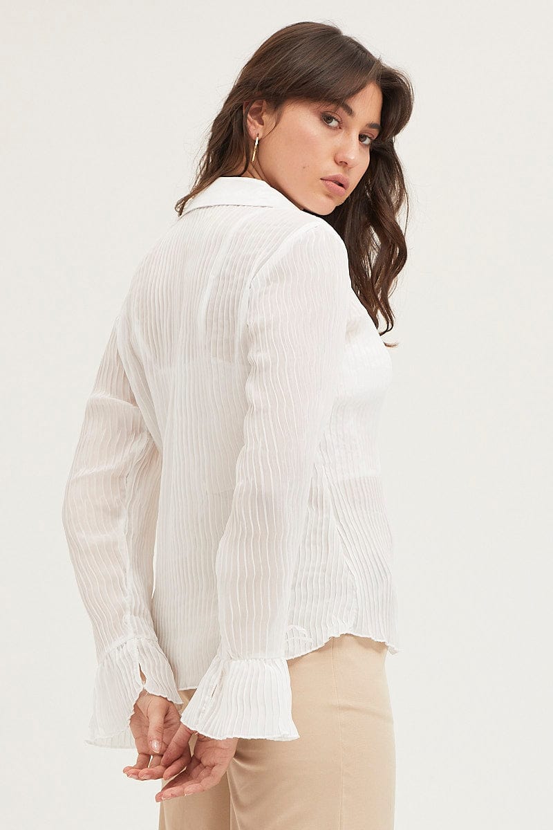 TOP White Pleated Shirt Long Flare Sleeve for Women by Ally