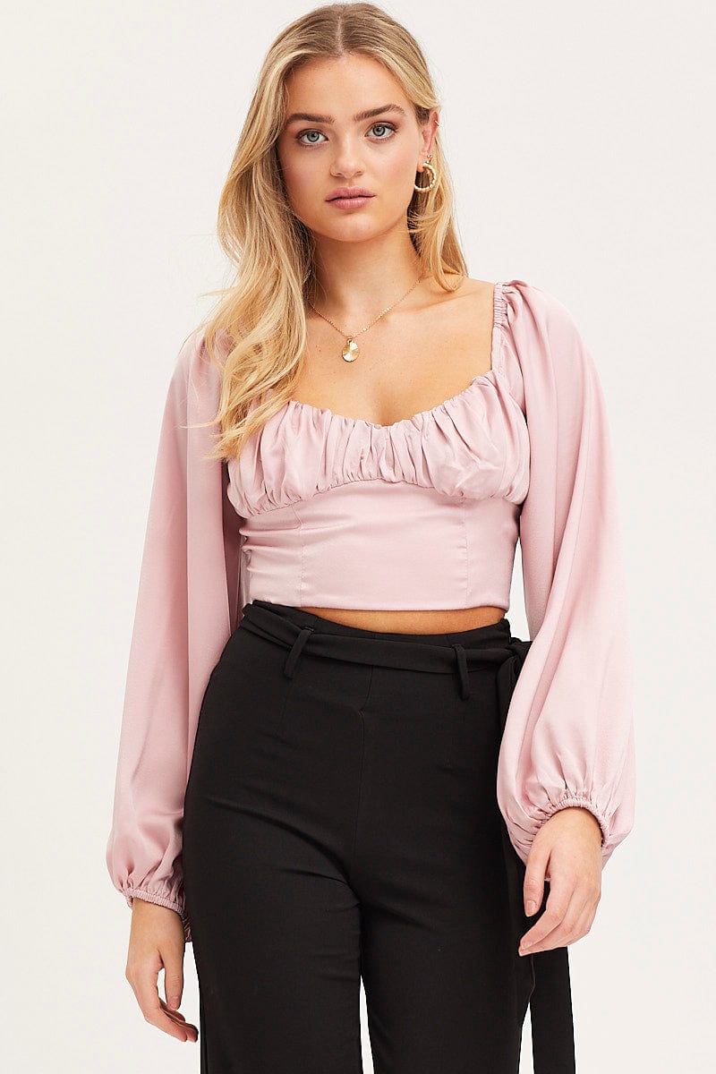 TOP White Puff Sleeve Top Long Sleeve Crop Satin for Women by Ally