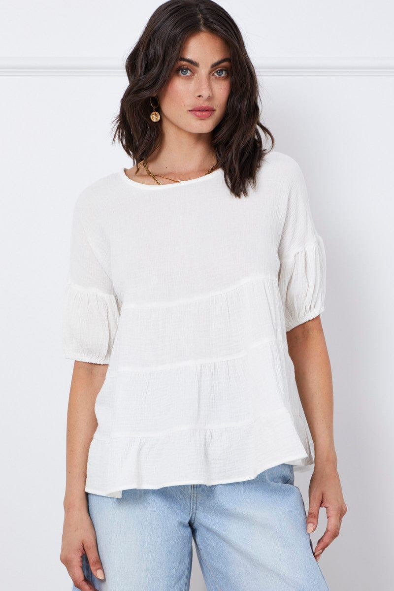TOP White Relaxed Top Short Sleeve Square Neck for Women by Ally