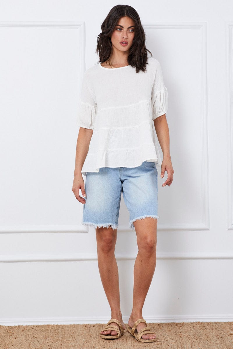 TOP White Relaxed Top Short Sleeve Square Neck for Women by Ally