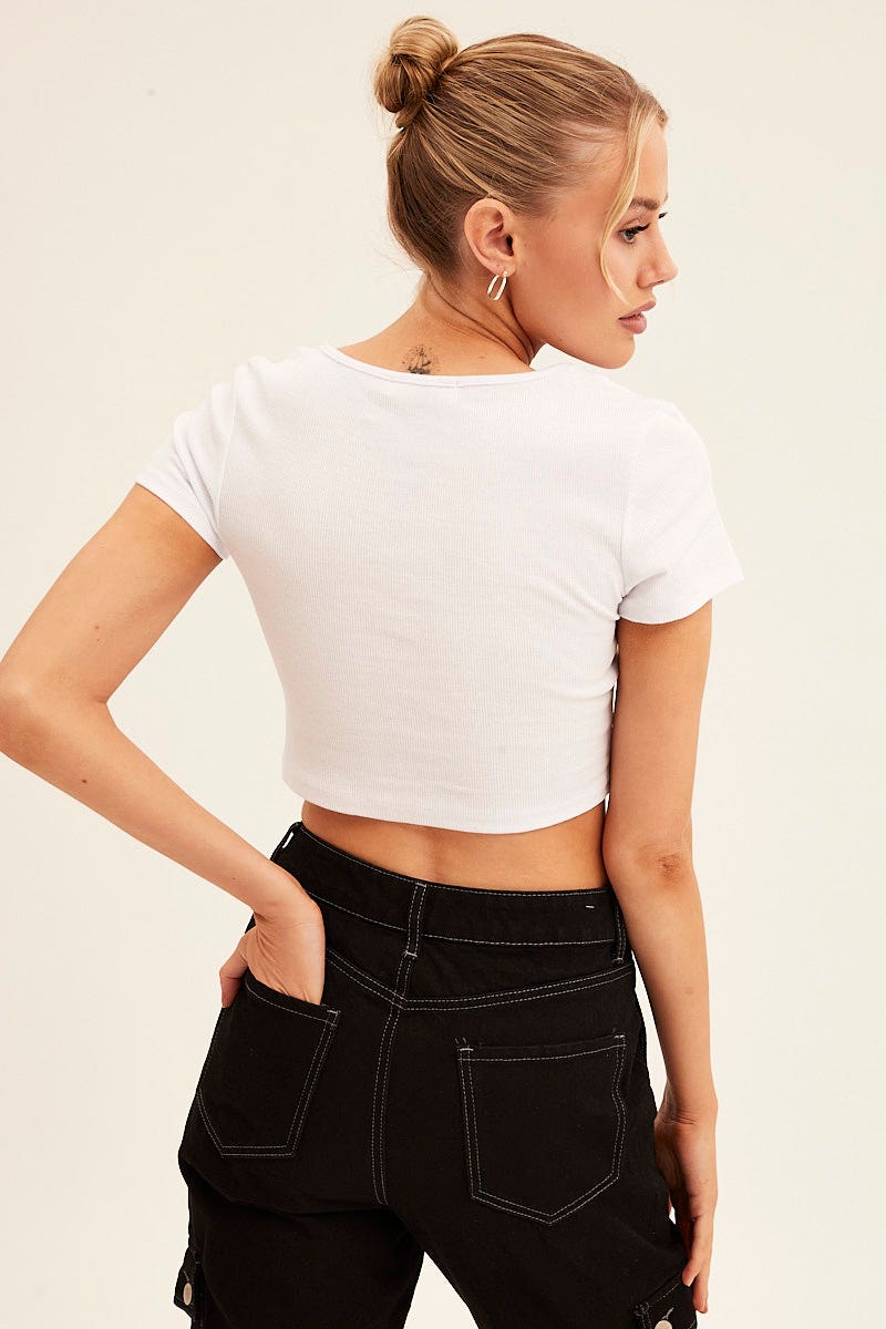 TOP White Scarf T-Shirt Short Sleeve Crop for Women by Ally