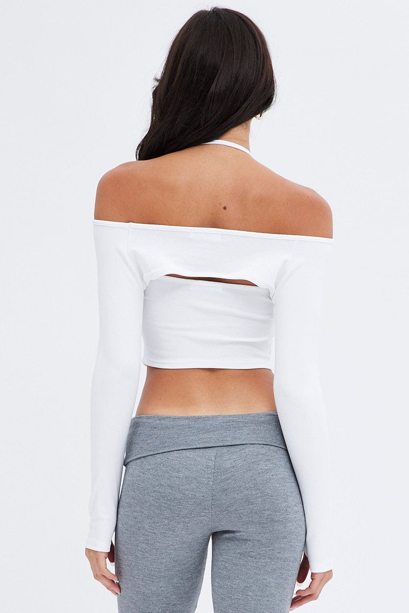 White Shrug & Halter Top Set Long Sleeve Semi-crop for Ally Fashion