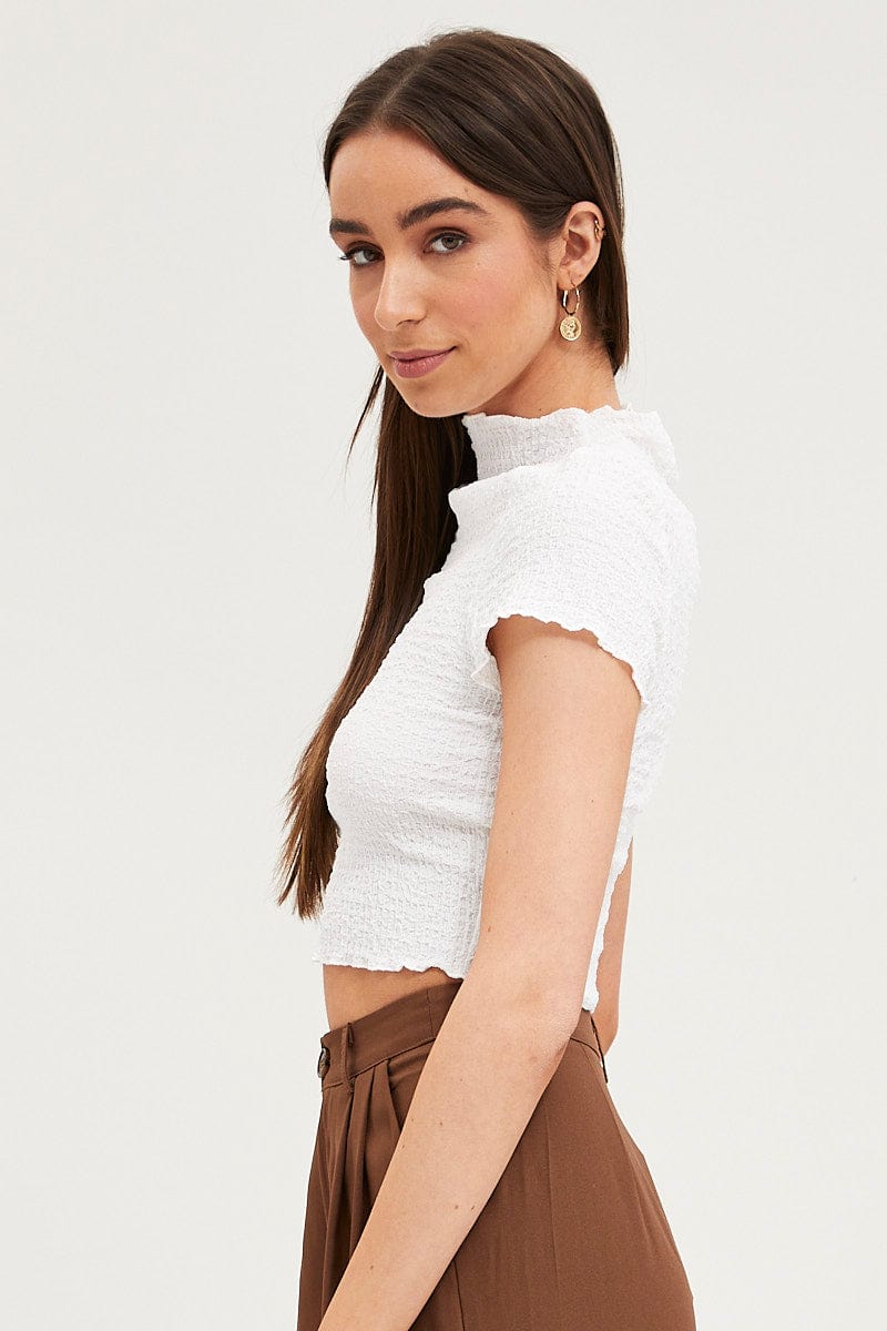 TOP White Textured Top Short Sleeve for Women by Ally