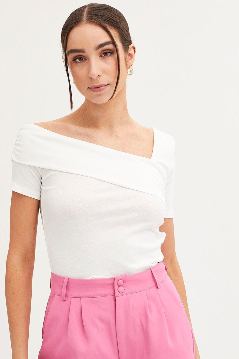 White Top Short Sleeve Asymmetric Neckline Cotton Jersey | Ally