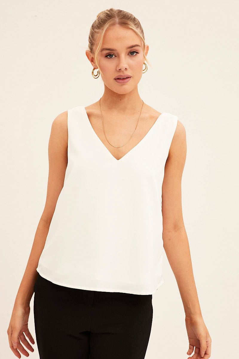 TOP White Workwear Tank Deep V Sleeveless for Women by Ally