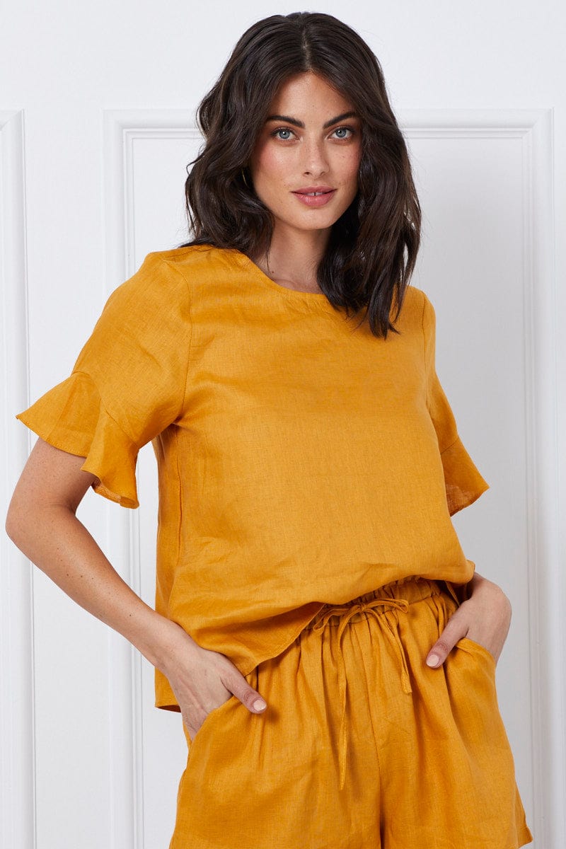 TOP Yellow Crop Top Short Sleeve Relaxed Linen for Women by Ally
