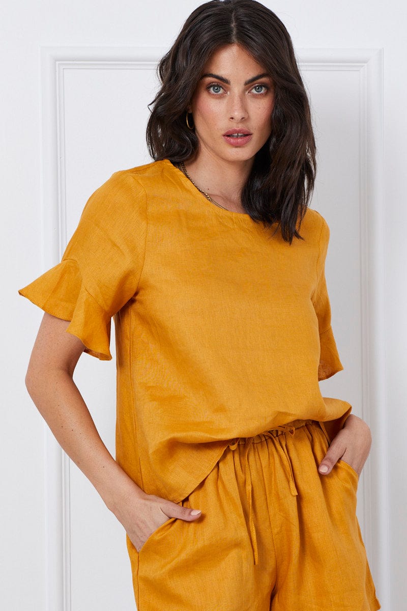 TOP Yellow Crop Top Short Sleeve Relaxed Linen for Women by Ally