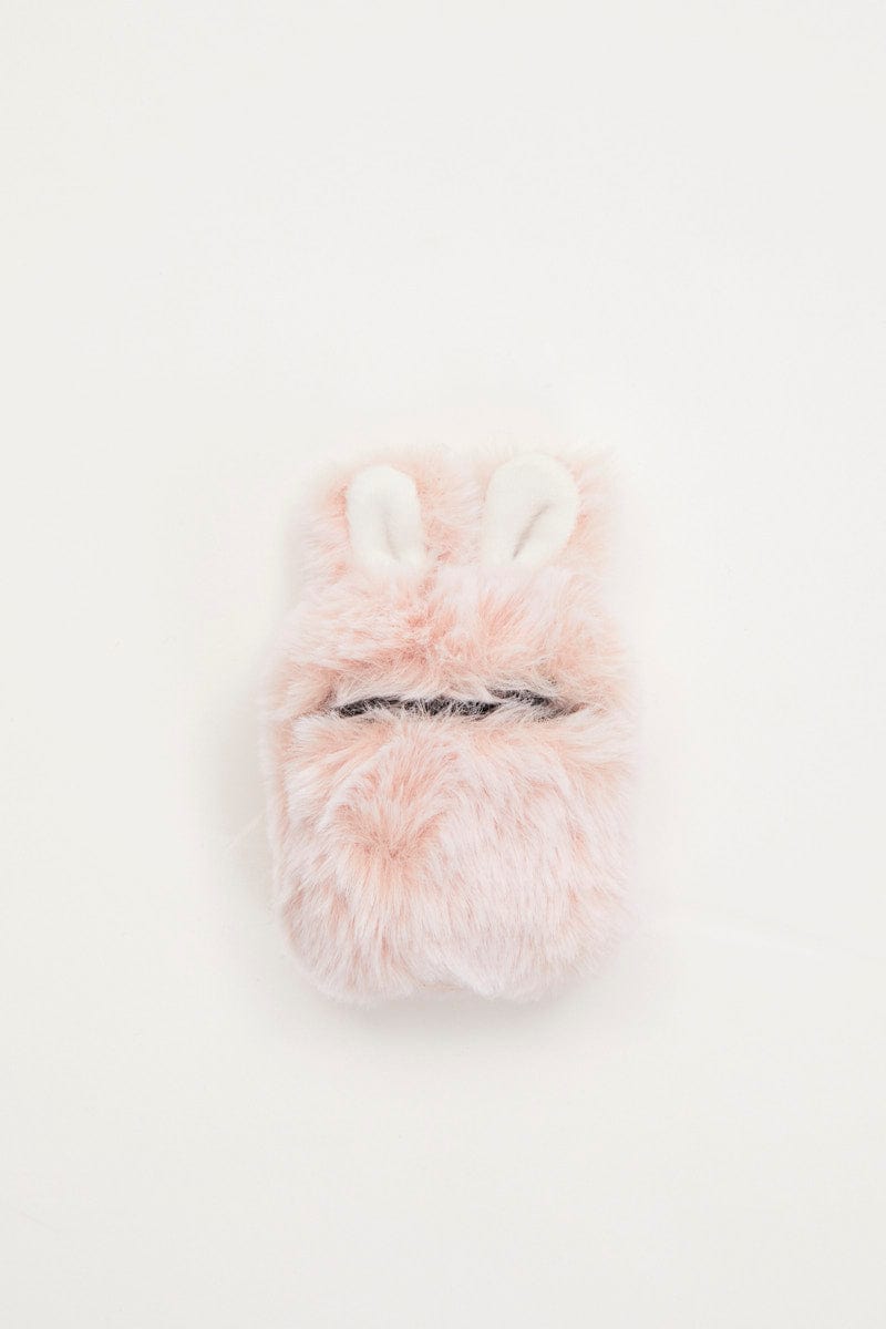 TRAVEL ACCESSORIES Pink Faux Fur Bunny Air Pod Case With Ears for Women by Ally