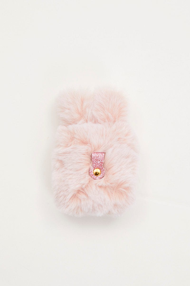 TRAVEL ACCESSORIES Pink Faux Fur Bunny Air Pod Case With Ears for Women by Ally