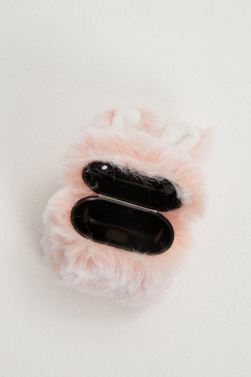 TRAVEL ACCESSORIES Pink Faux Fur Bunny Air Pod Case With Ears for Women by Ally