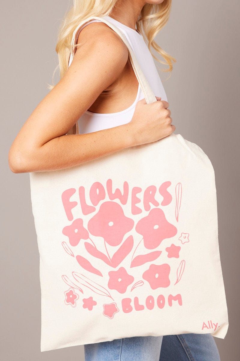 Pink Print Tote Bag Printed Flowers Bloom for Ally Fashion