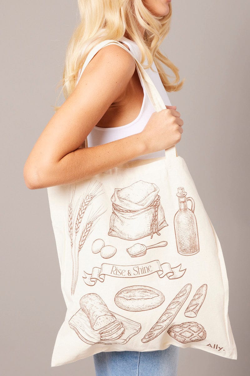 Brown Print Tote Bag Printed Bakery Motifs for Ally Fashion