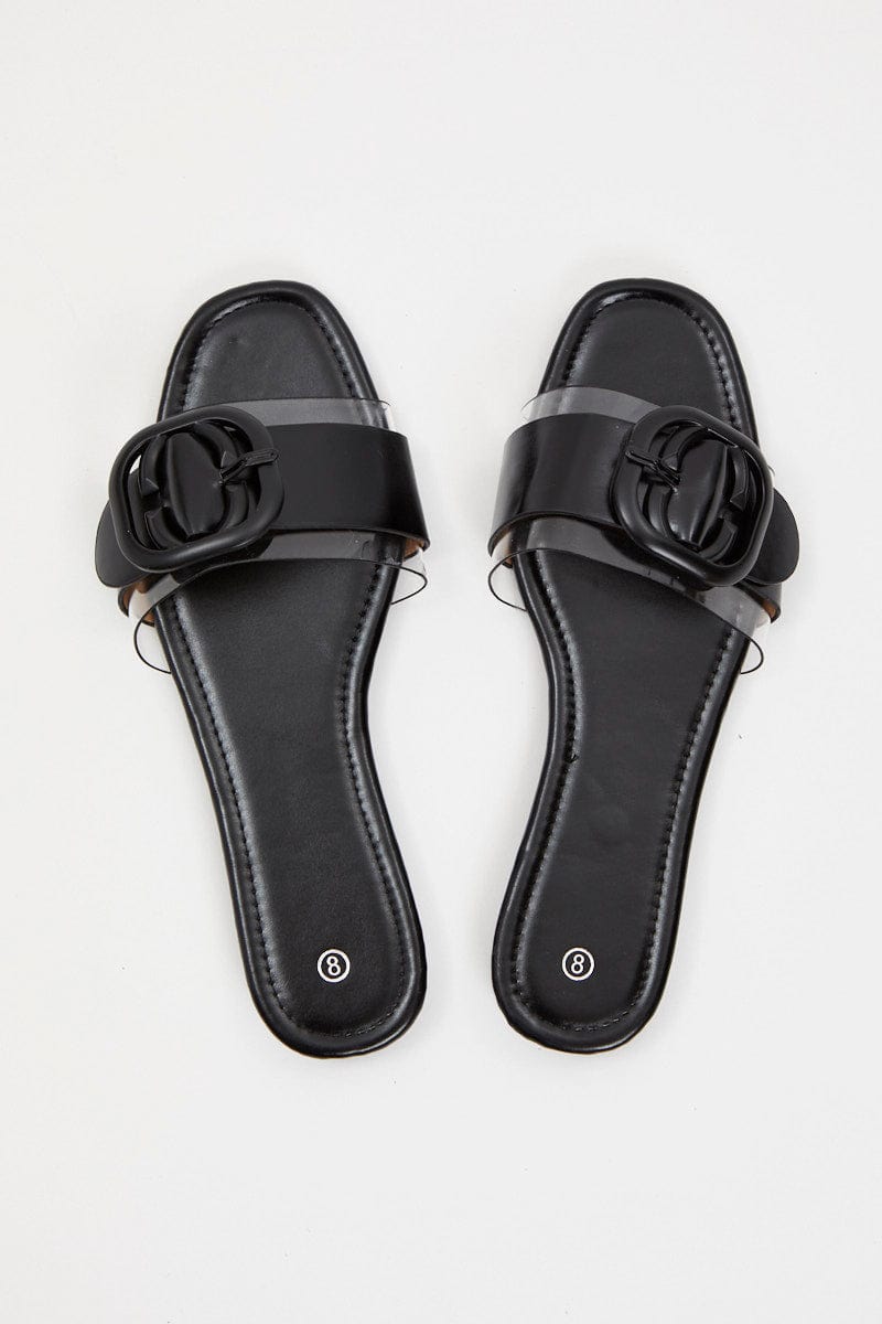 TRIAL ACCS Black Buckle Detail Flat Slides for Women by Ally