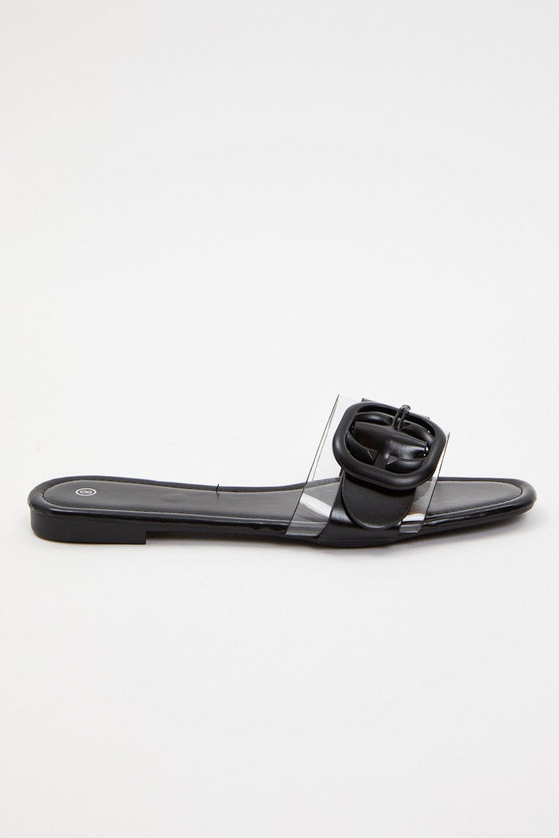 TRIAL ACCS Black Buckle Detail Flat Slides for Women by Ally