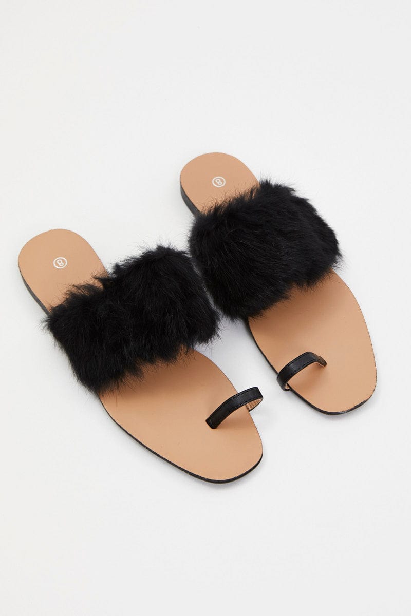 Black Faux-Fur Flat Slides from Ally Fashion