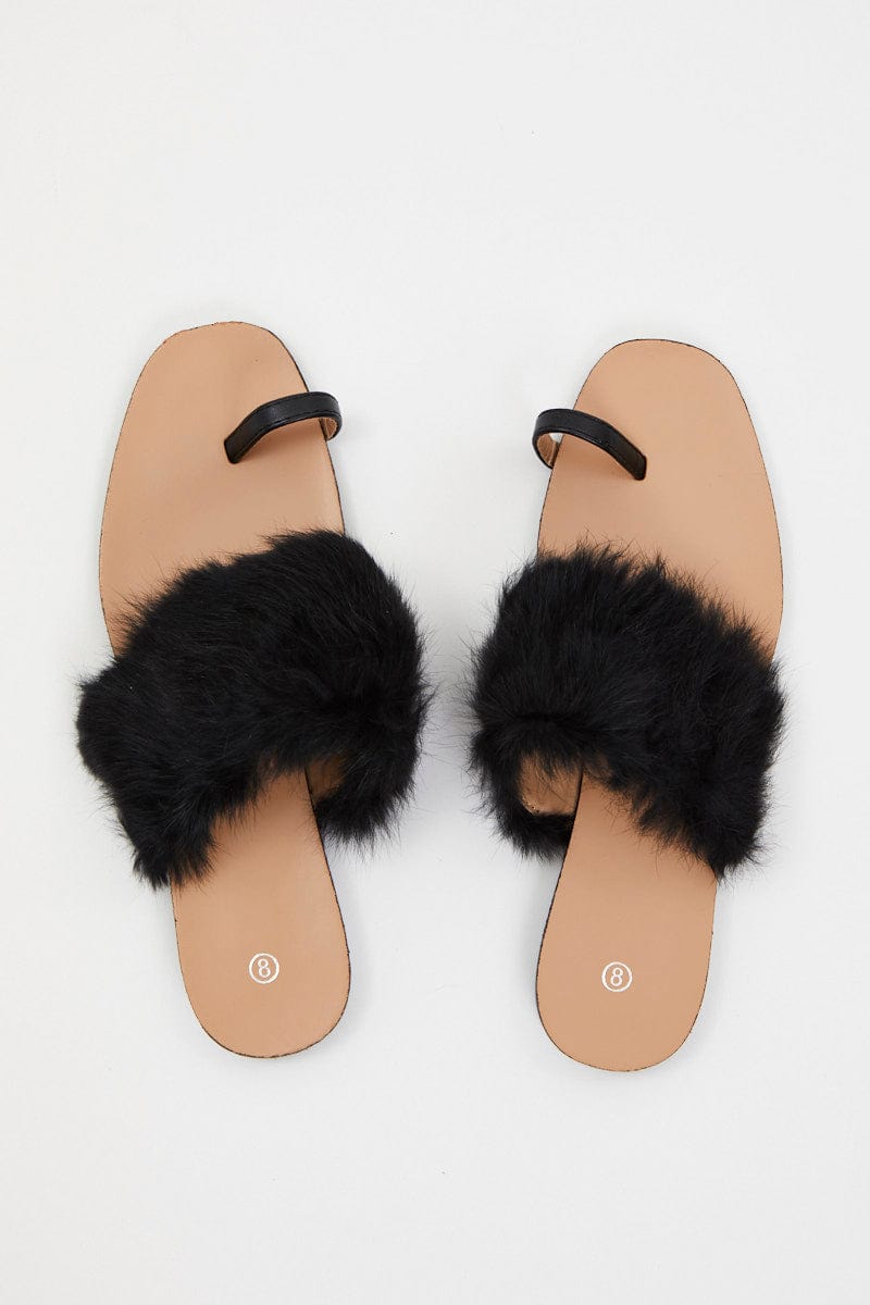 TRIAL ACCS Black Faux Fur Flat Slides for Women by Ally