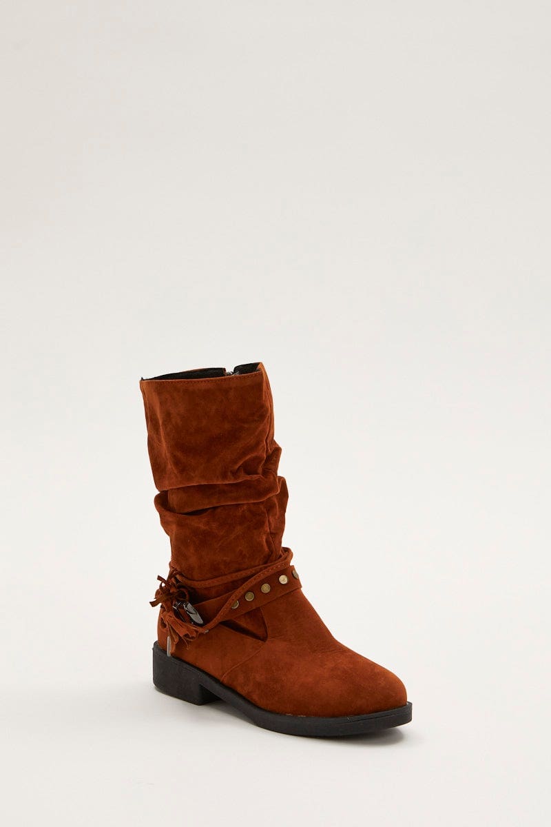 TRIAL ACCS Brown Suedette Buckle Slouch Boots for Women by Ally