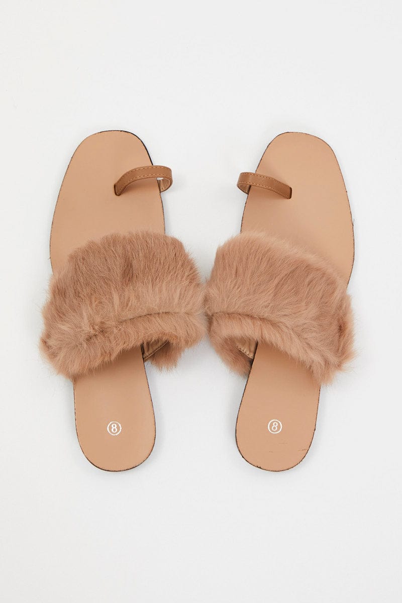 TRIAL ACCS Camel Faux Fur Flat Slides for Women by Ally