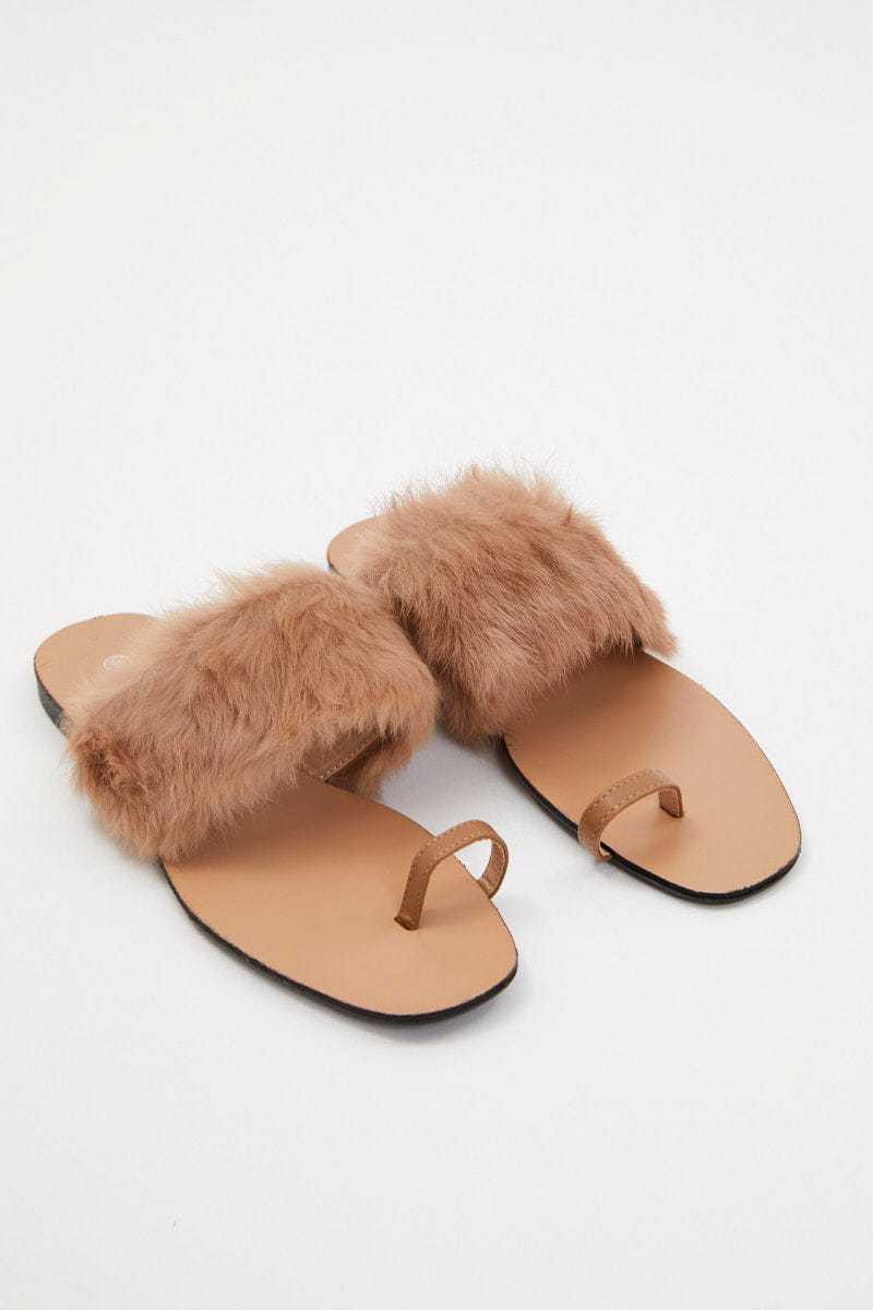 TRIAL ACCS Camel Faux Fur Flat Slides for Women by Ally