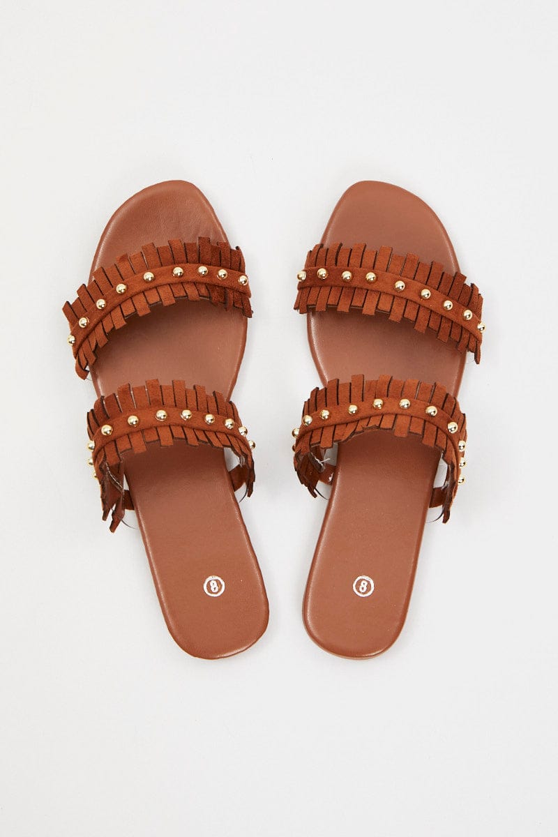 TRIAL ACCS Camel Fringe Detail Flat Slides for Women by Ally
