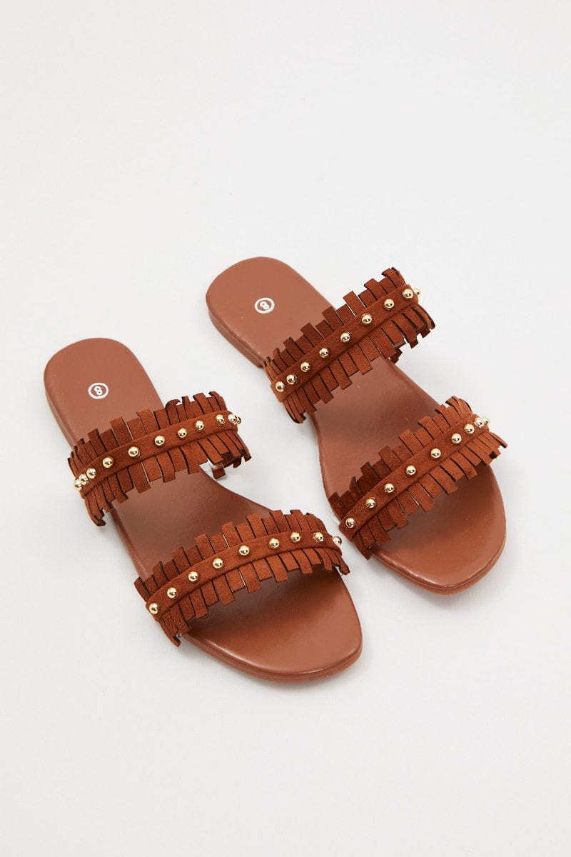 TRIAL ACCS Camel Fringe Detail Flat Slides for Women by Ally