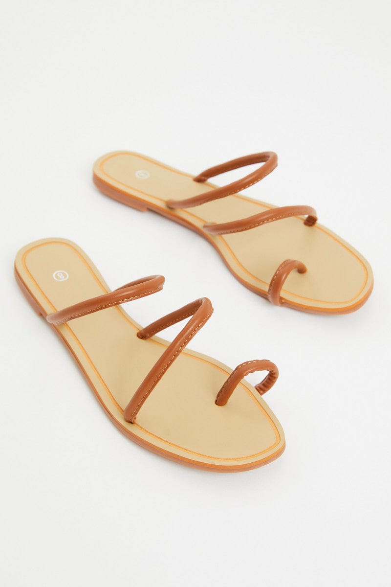 TRIAL ACCS Camel Minimal Strappy Flat Slides for Women by Ally