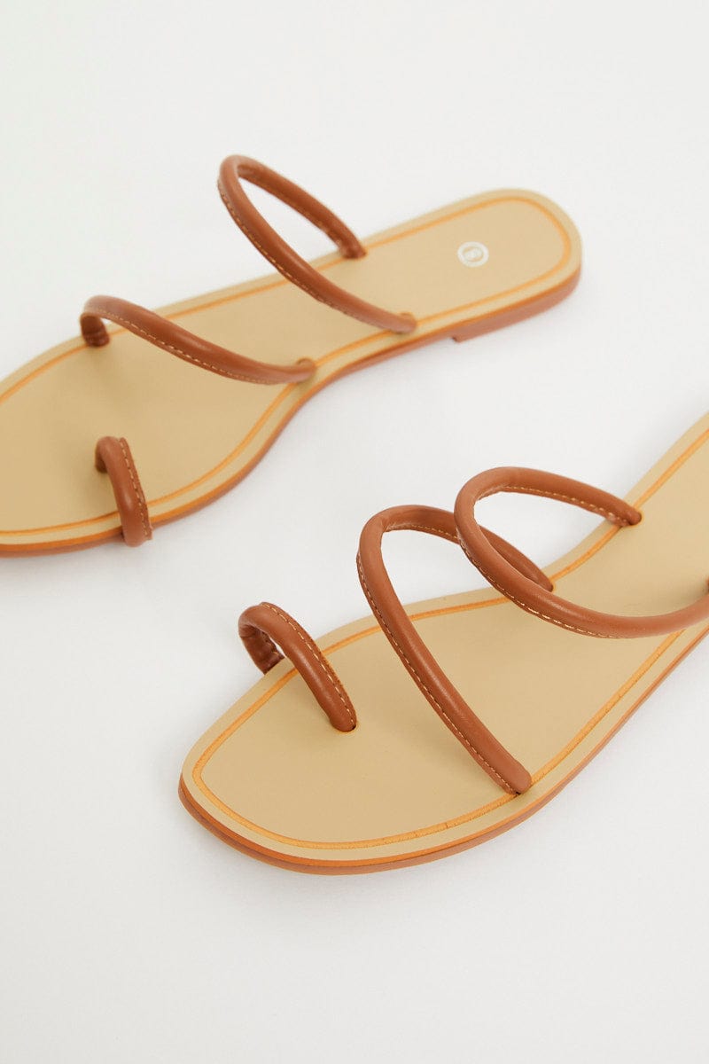 TRIAL ACCS Camel Minimal Strappy Flat Slides for Women by Ally