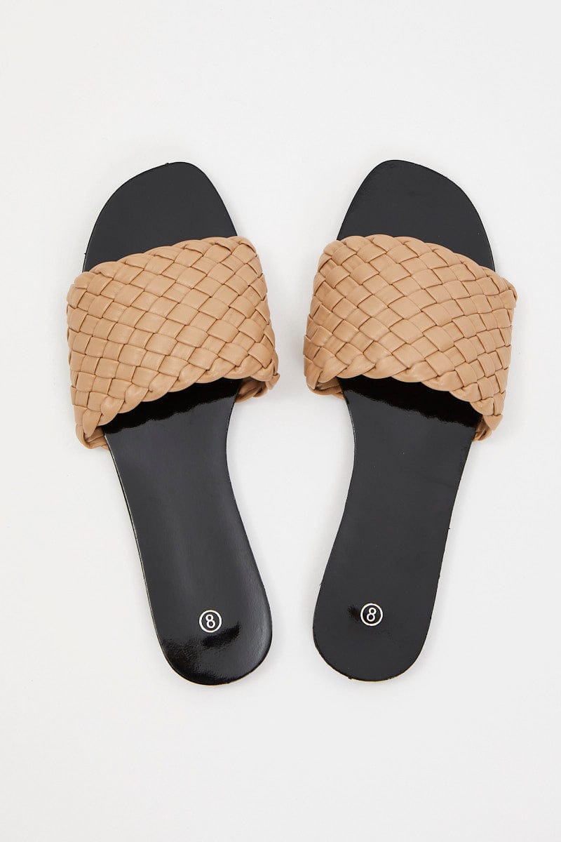 TRIAL ACCS Camel Woven Flat Slides for Women by Ally