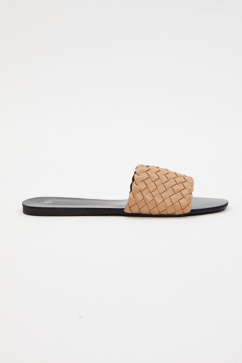 TRIAL ACCS Camel Woven Flat Slides for Women by Ally