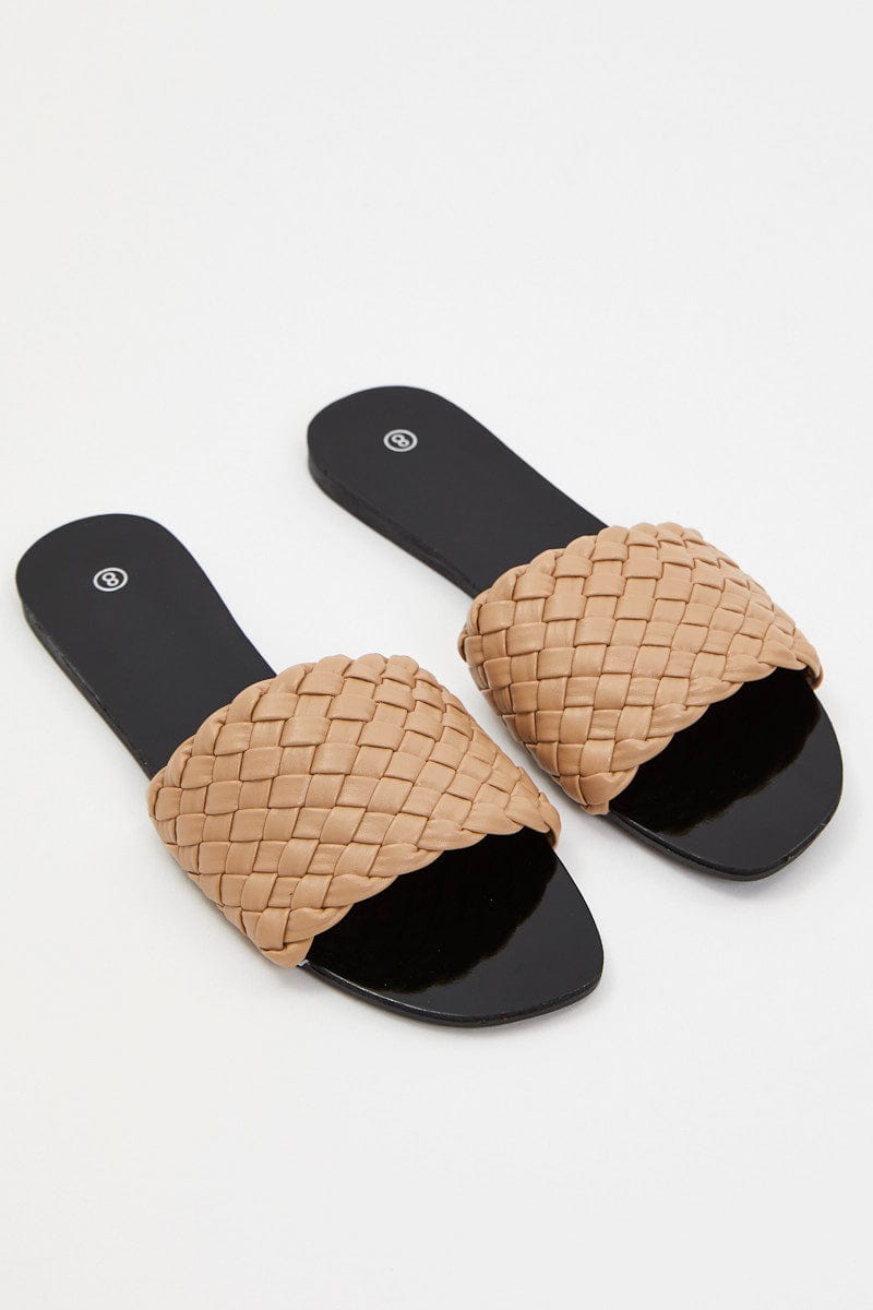 TRIAL ACCS Camel Woven Flat Slides for Women by Ally