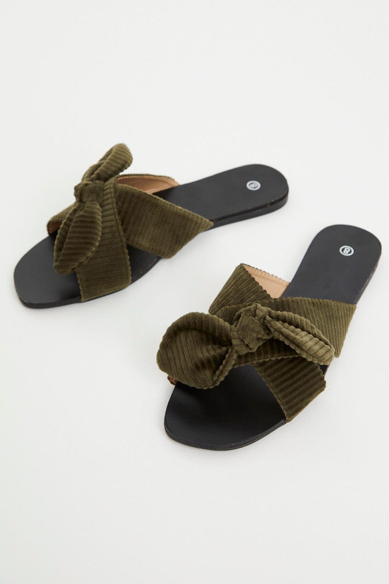 TRIAL ACCS Green Knot Detail Flat Slides for Women by Ally