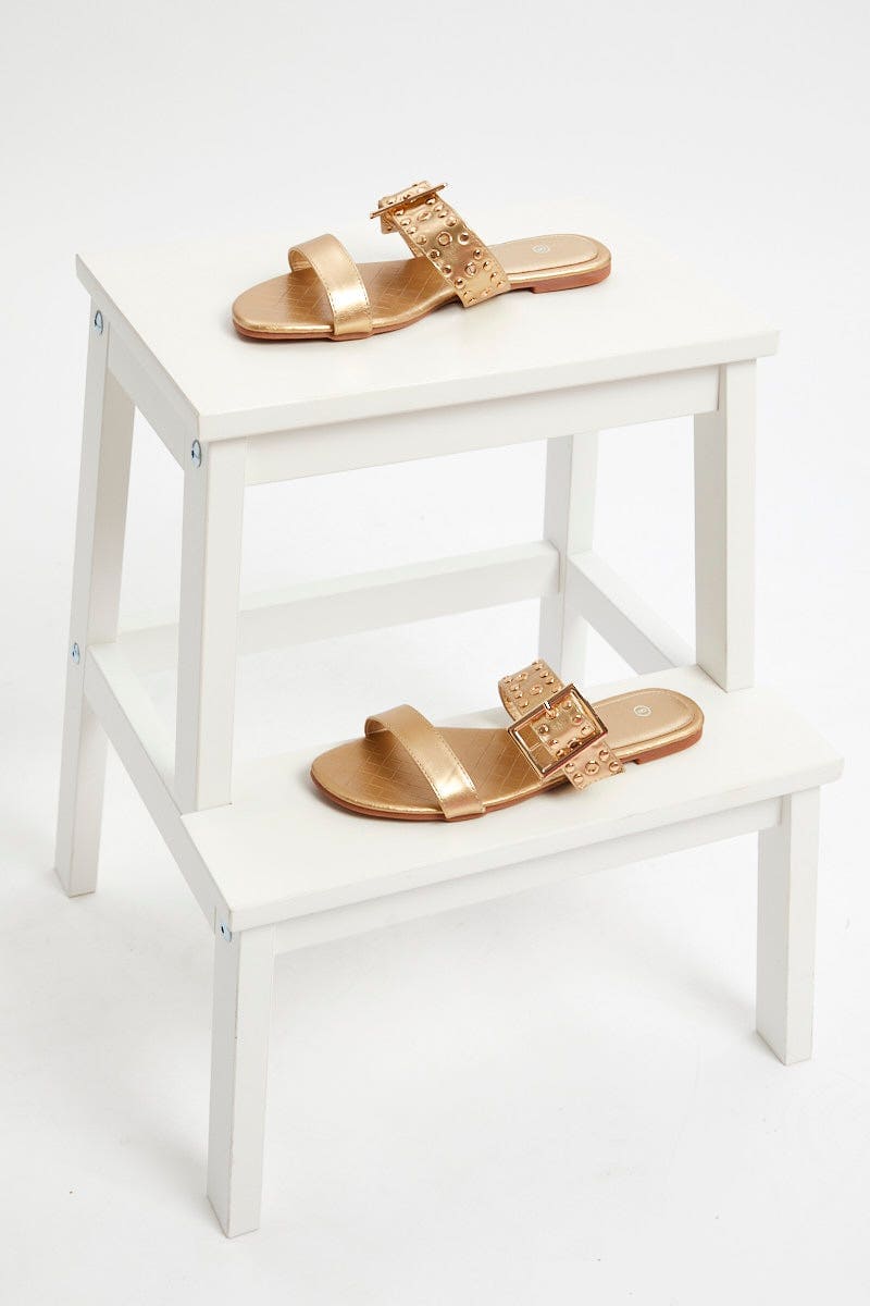 TRIAL ACCS Metallic Buckle Detail Flat Slides for Women by Ally