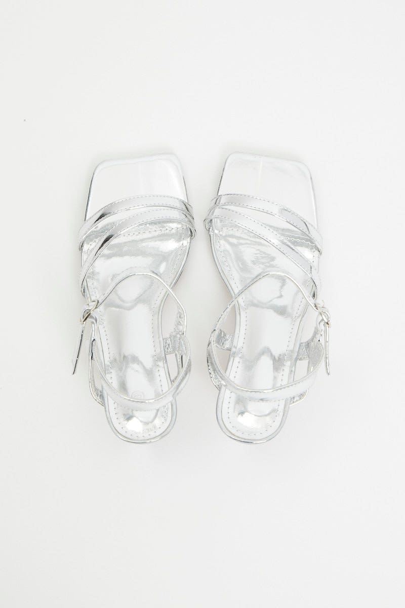 TRIAL ACCS Metallic Strappy Silver Heels for Women by Ally