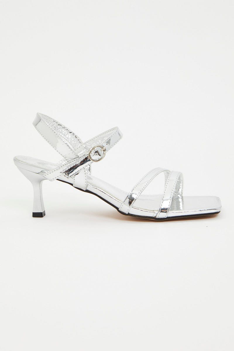 TRIAL ACCS Metallic Strappy Silver Heels for Women by Ally